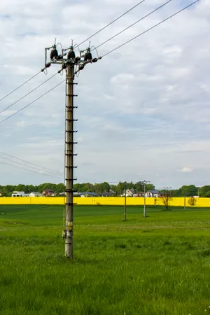 High Voltage Tower in Industrial Landscape with Rapeseed Field