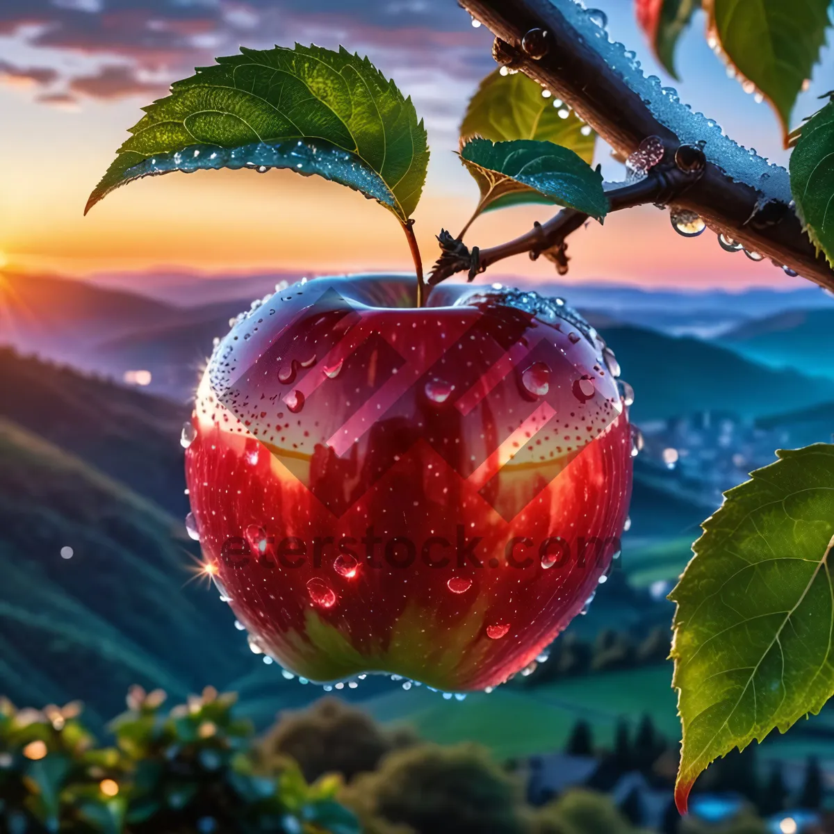 Picture of Juicy Organic Apple on Tree Branch