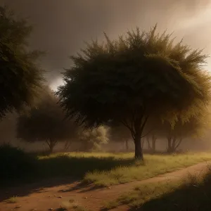 Sunset over countryside landscape with majestic trees