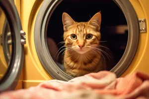 Adorable kitten with curious eyes in front of washer