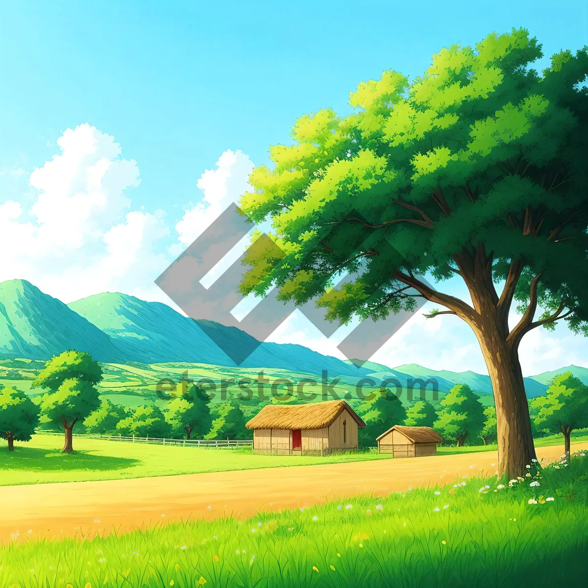 Picture of Idyllic countryside landscape with oak tree and golf course