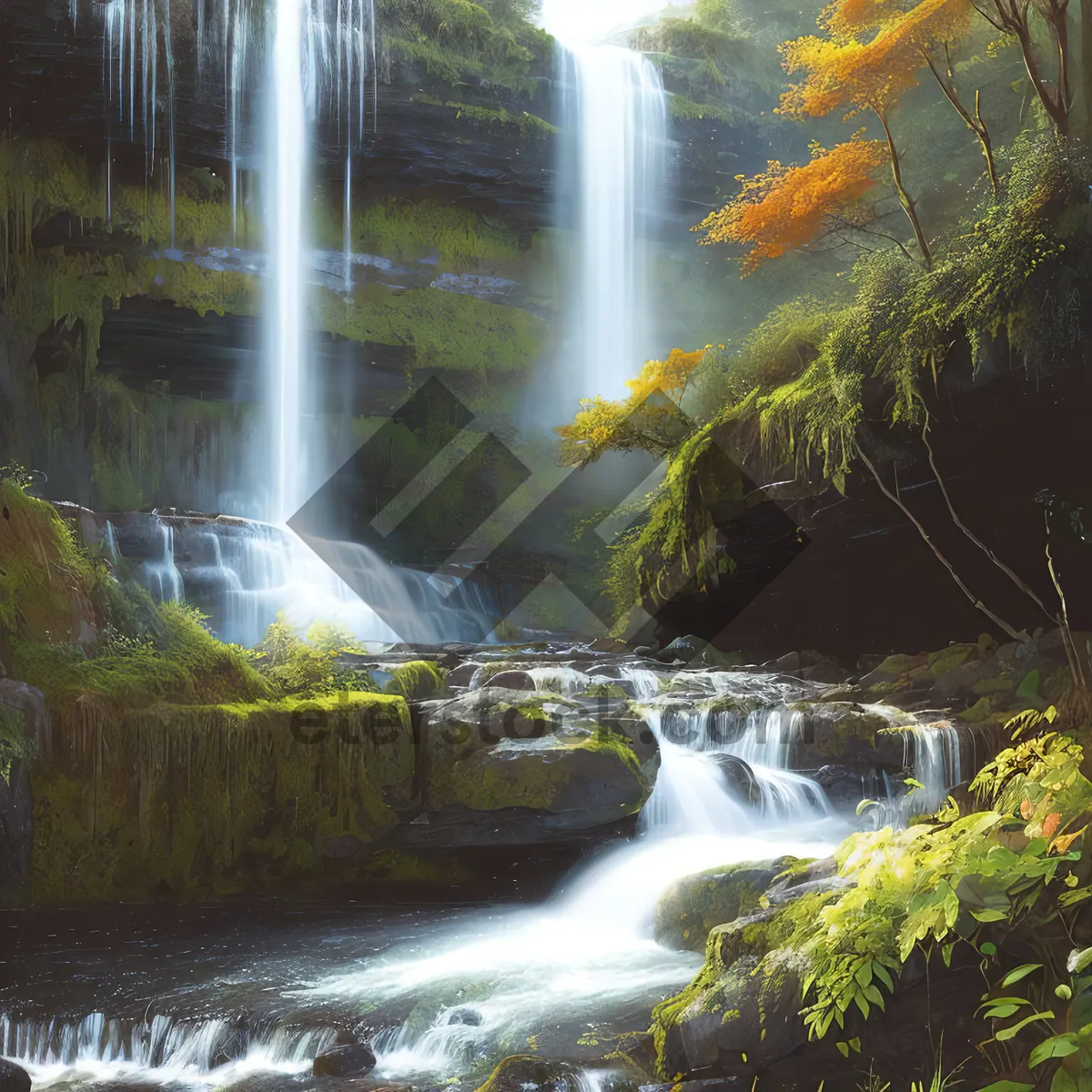 Picture of Serene Waterfall Cascade in Lush Forest