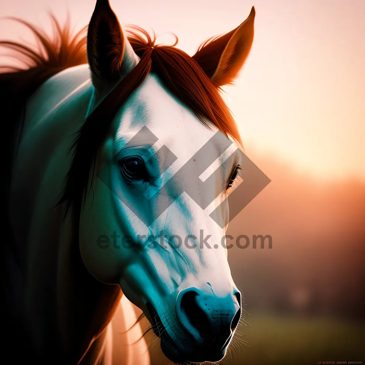 Picture of Brown Stallion in Rural Farm Field