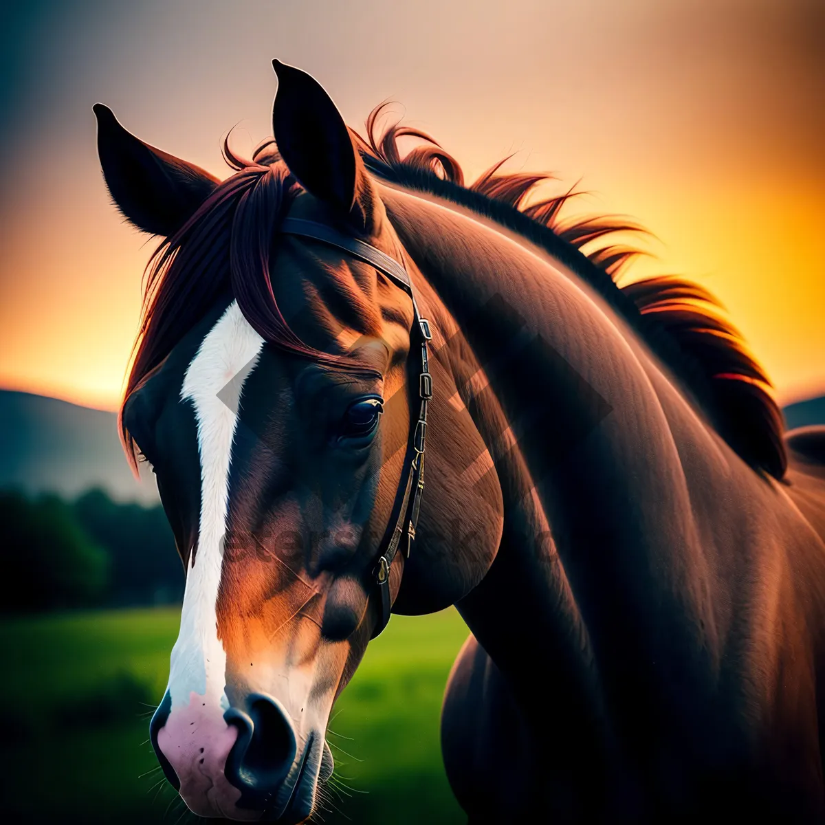 Picture of Brown Thoroughbred Stallion Grazing in Pasture