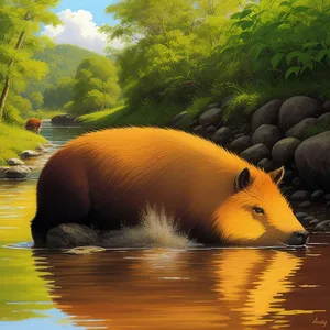 Majestic Wild Boar in Serene Lake Setting