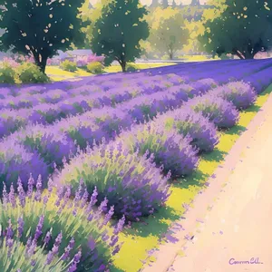 Lush Lavender Shrub in Vibrant Countryside Landscape