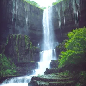 Serene Waterscape Amidst Lush Forest and Cascading Waterfall