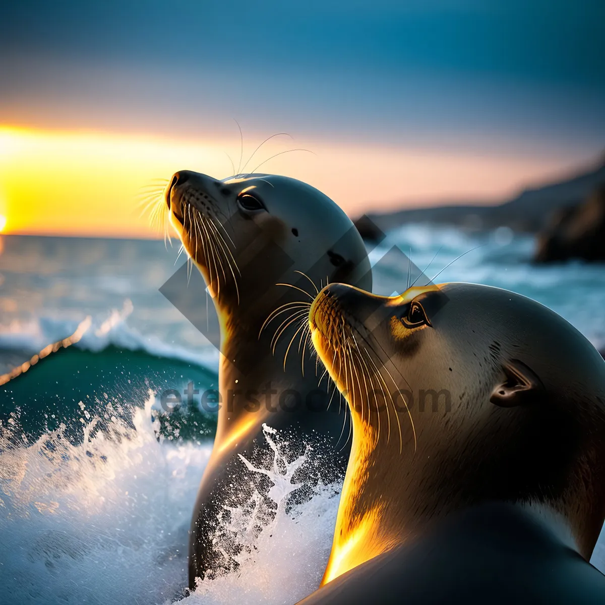 Picture of Golden Horizon: Serene Sunset on Beach with Soaring Albatross