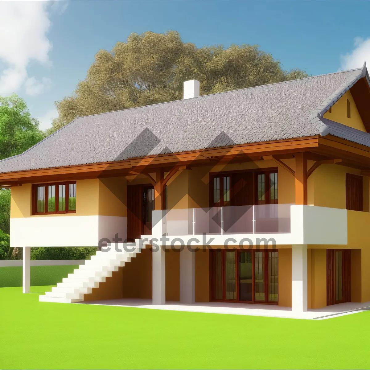 Picture of Modern residential villa with landscaped yard and garage.