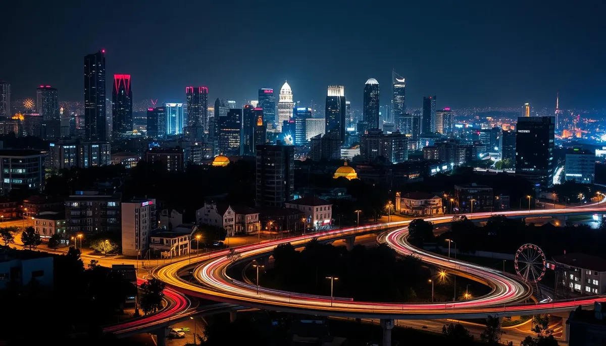 Picture of Modern city skyline at night with reflections in water.