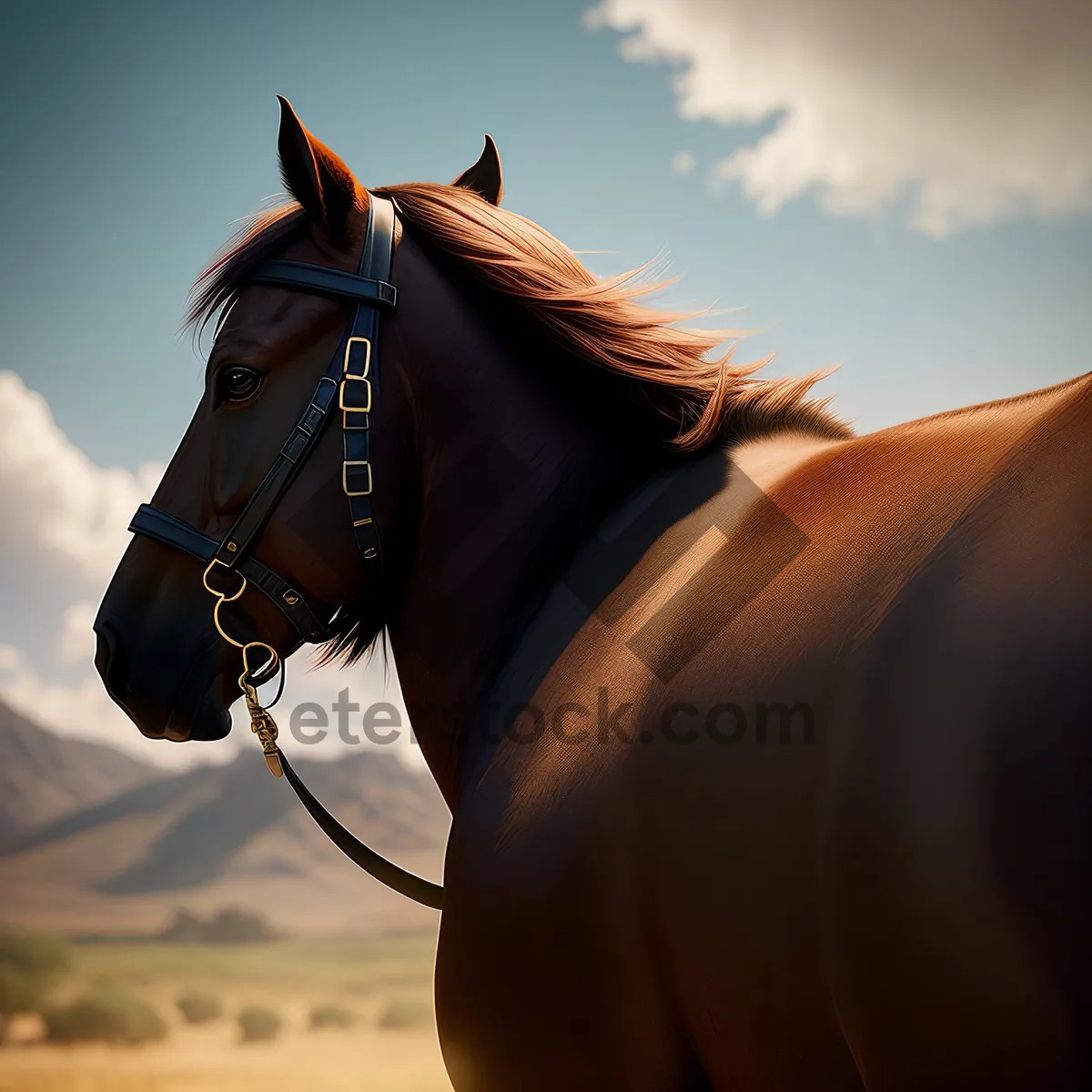 Picture of Majestic Brown Stallion Galloping in Field