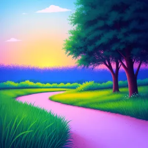 Colorful Sunset over Reflecting Lake in Rural Landscape.