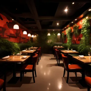 Modern luxury restaurant interior with wooden furniture and chairs.