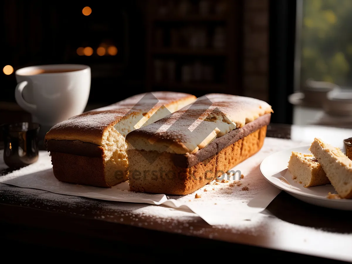 Picture of Delicious breakfast pastry with coffee cup and cake slice