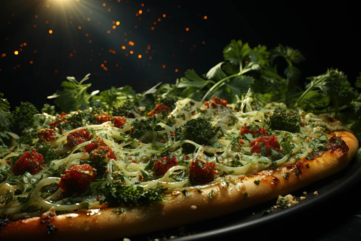 Picture of Delicious gourmet pizza with broccoli and cheese slices.