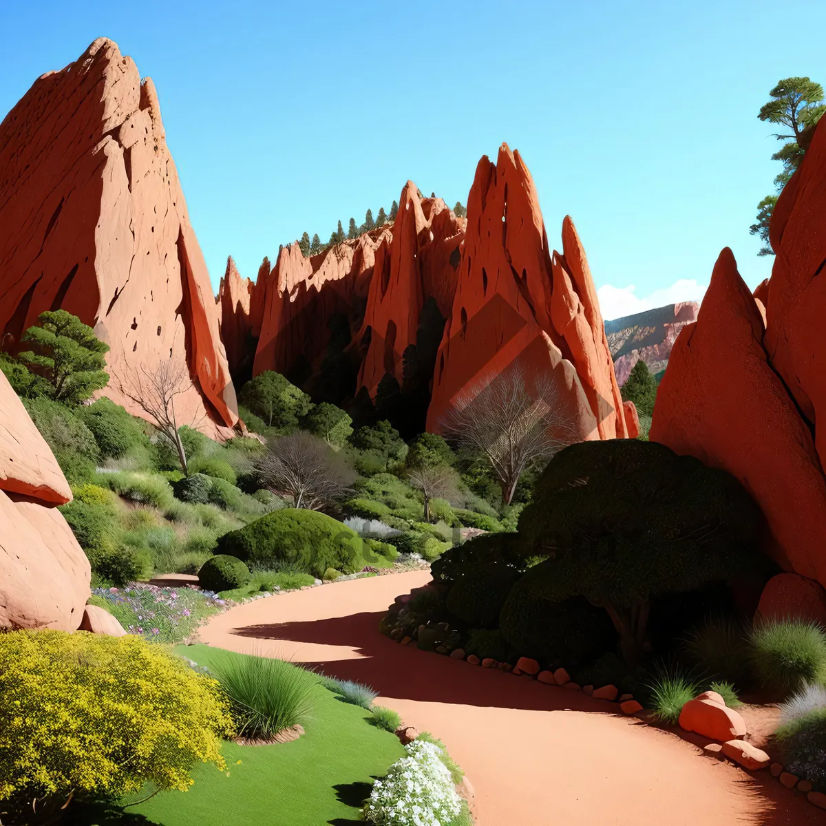 Picture of Scenic Mountain Landscape with Orange Trees and Rocks.