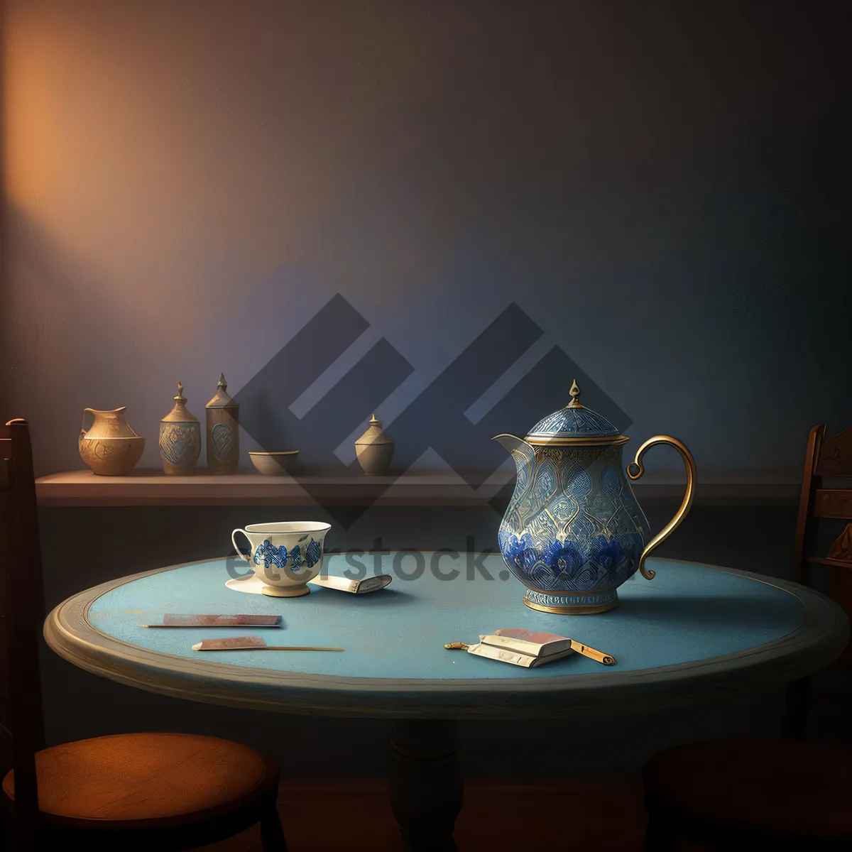 Picture of Traditional Chinese Porcelain Tea Set on Table