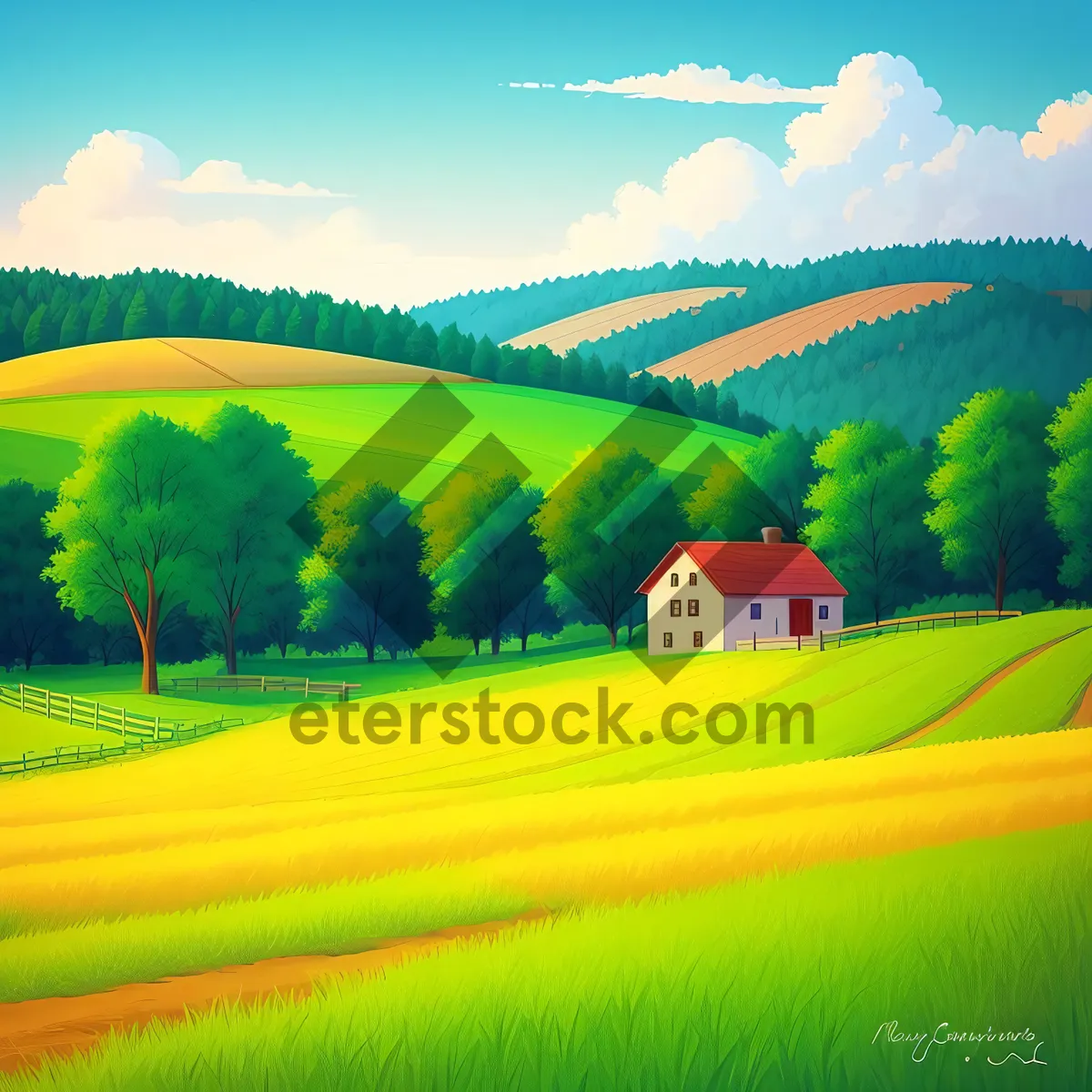 Picture of Colorful Rural Landscape with Rapeseed Field under a Sunny Sky