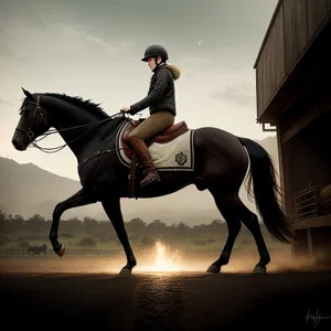 Brown Stallion in Saddle on Farm Field