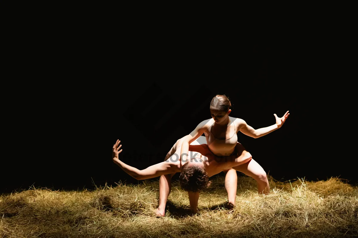 Picture of Happy woman jumping in sunny meadow field