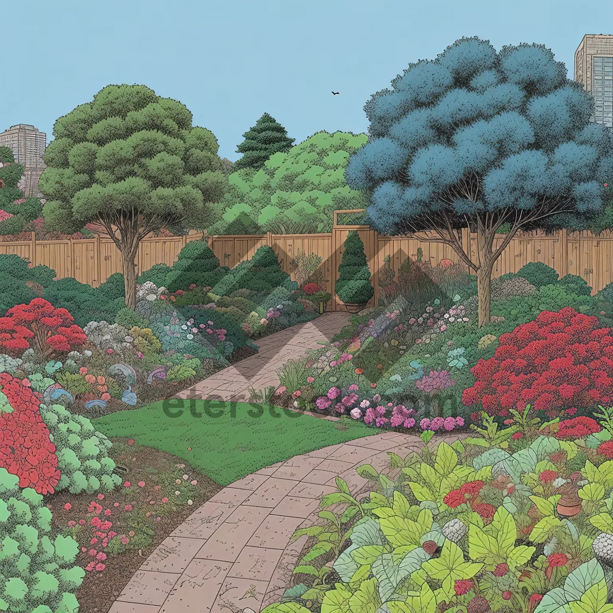 Picture of lush summer garden with blooming hydrangeas