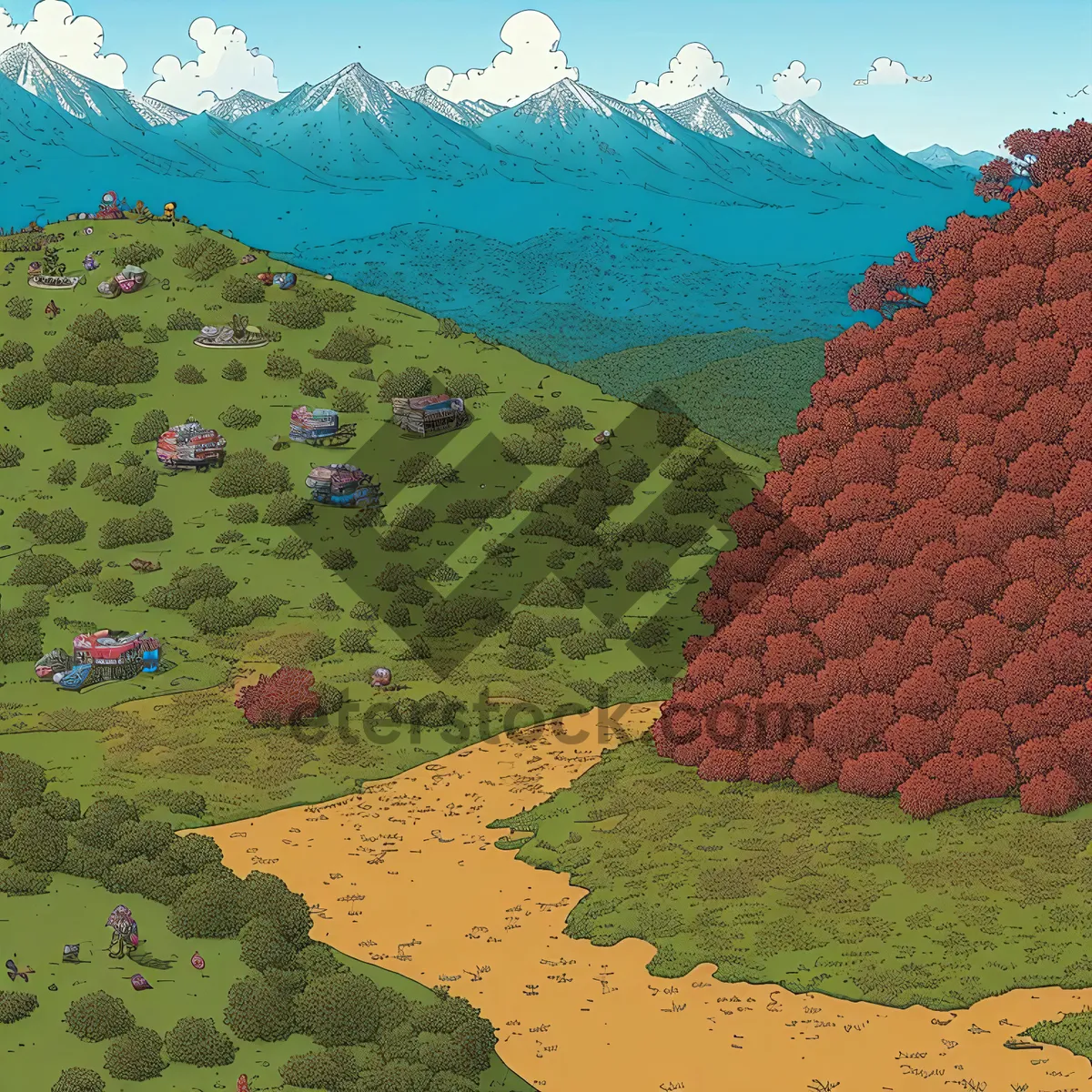 Picture of Mountain Landscape with Tile Roof under Scenic Sky