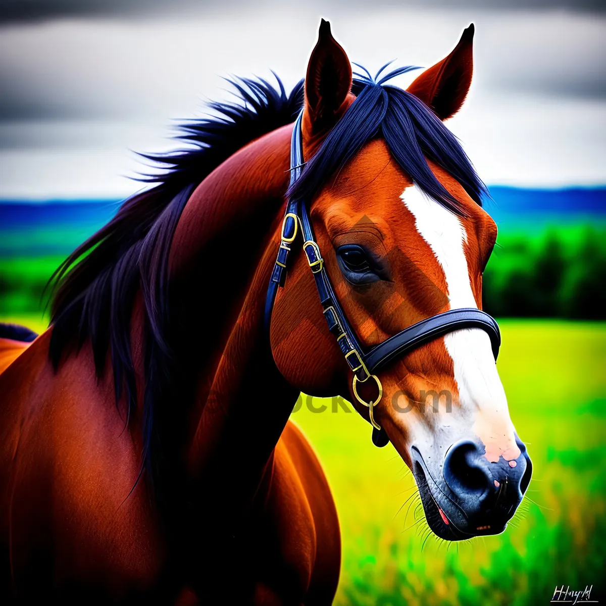 Picture of Beautiful Chestnut Stallion Grazing in Pasture