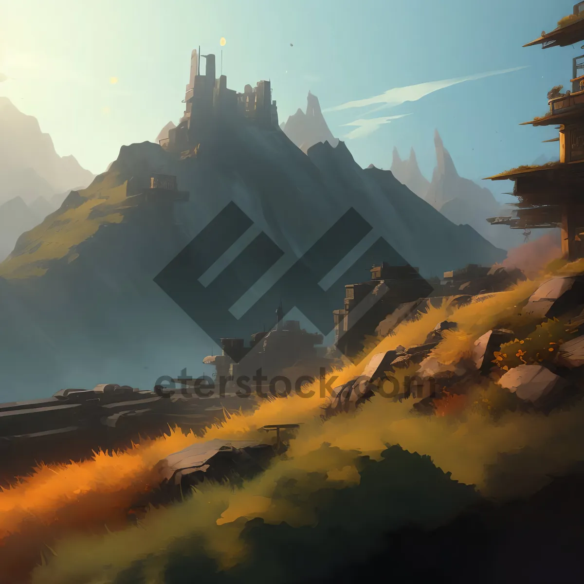 Picture of Sunset view of mountain temple in scenic landscape