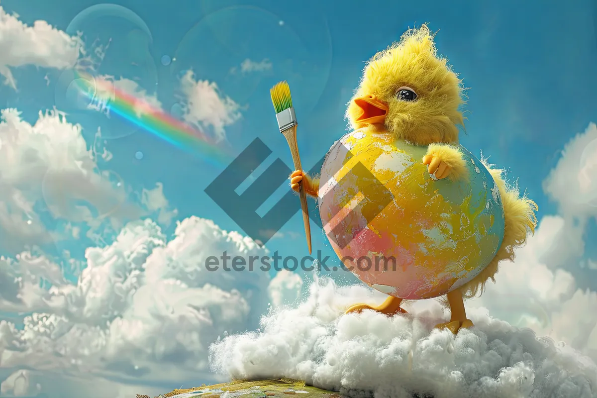 Picture of Cute Yellow Easter Chicken in Snowstorm.