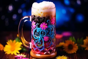 Yellow coffee mug with frothy beer and punch.