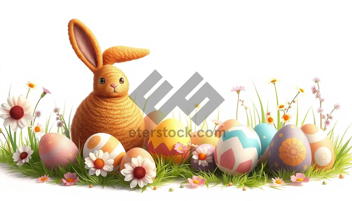 Picture of Cute cartoon bunny with flowers and hen