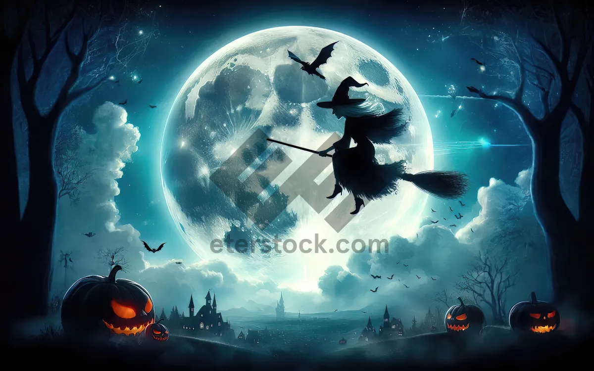 Picture of A witch flying on a broomstick against a huge full moon. AI, Generation, Illustration