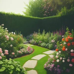 Summer Landscape with Vibrant Flower Garden