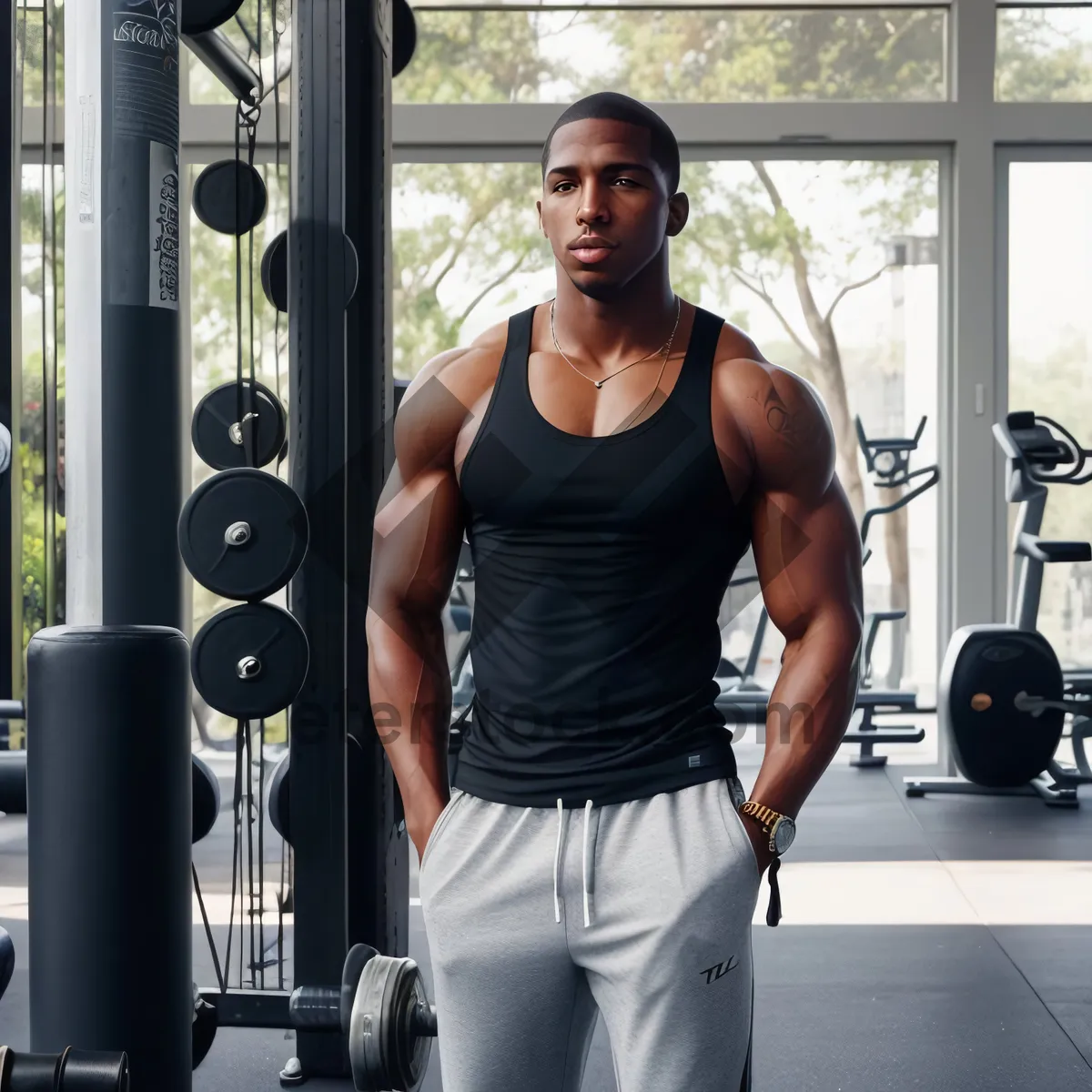 Picture of Healthy adult man lifting weights at the gym.