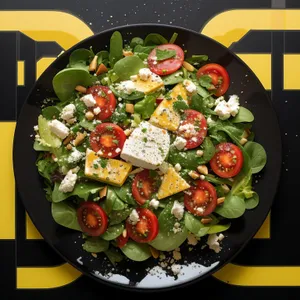 Fresh gourmet salad with cheese, tomatoes, and olives.