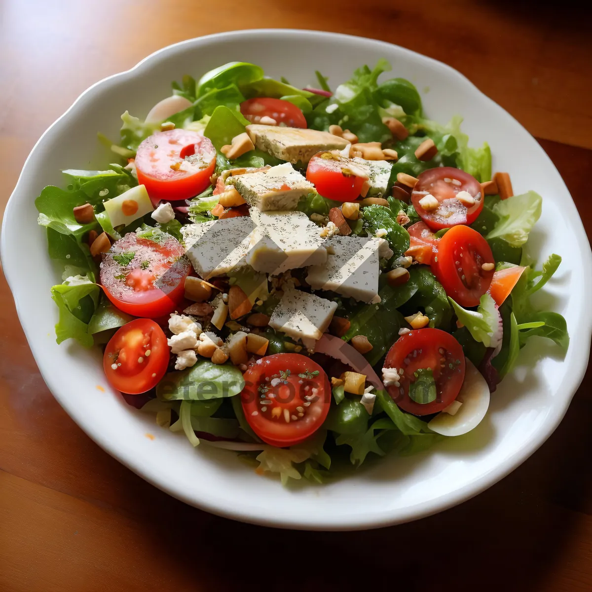 Picture of Delicious salad with chicken and vegetables.