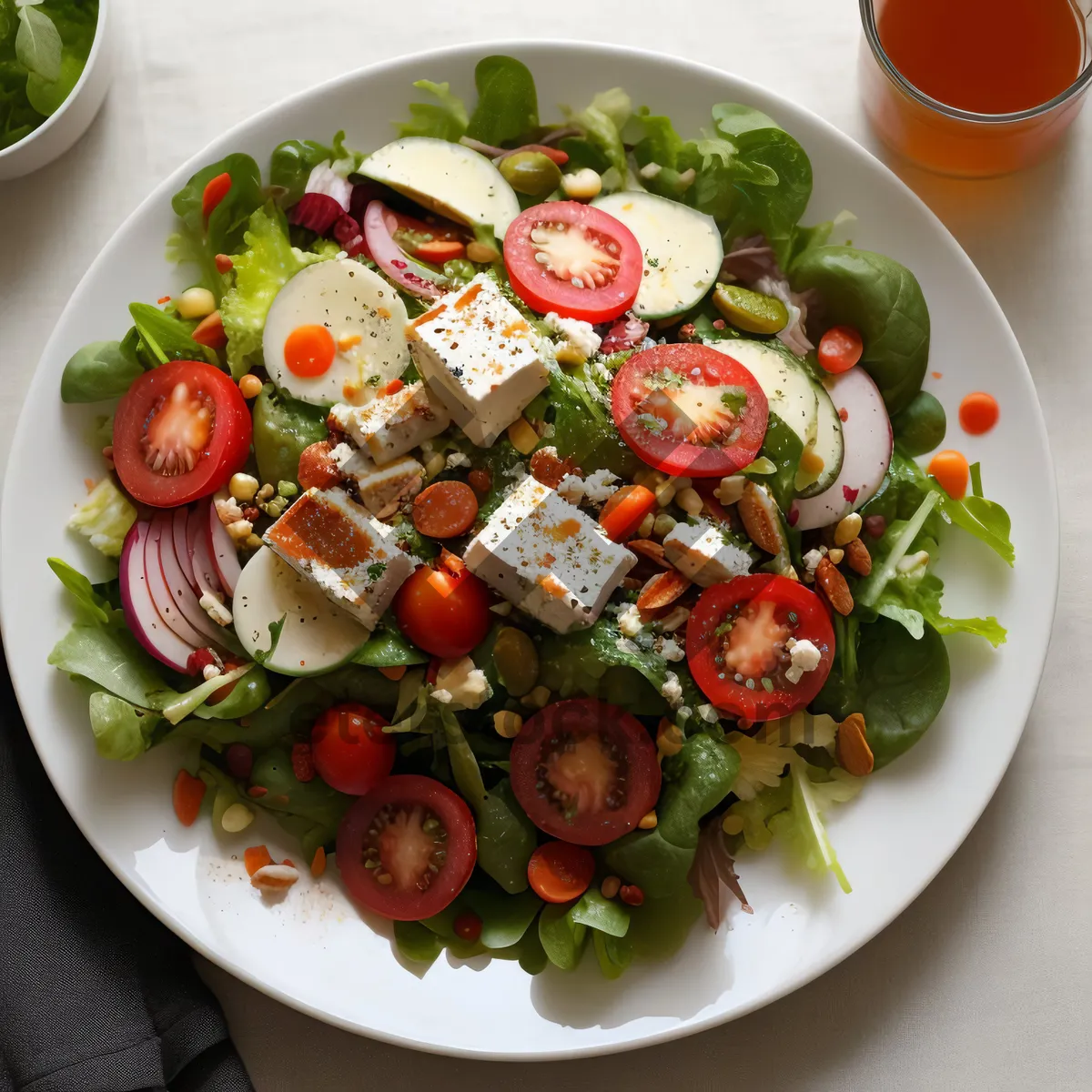 Picture of Fresh gourmet salad with cheese and vegetables.