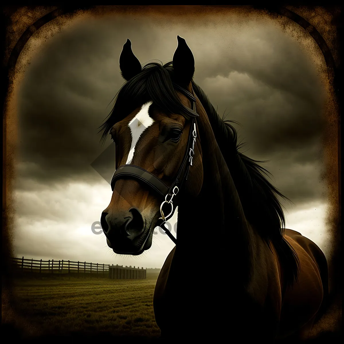 Picture of Brown Thoroughbred Stallion in Equestrian Headgear