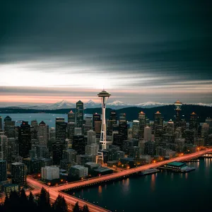 Cityscape Reflections: Serene Waterfront Skyline at Dusk