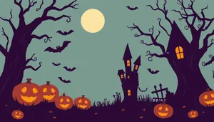 Halloween Night Sky Silhouette With Moon And Pumpkins