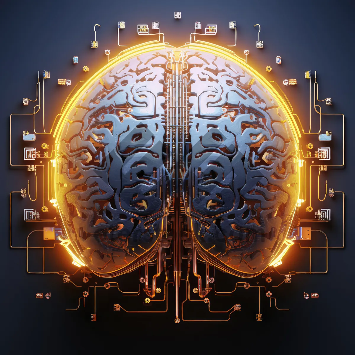 Picture of Sci-fi concept. The central computer processor in the form of an artificial brain microchip as the main element of the artificial intelligence system is installed on the motherboard of the supercomputer