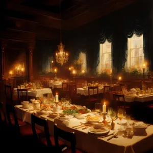City restaurant interior with dining tables and chairs