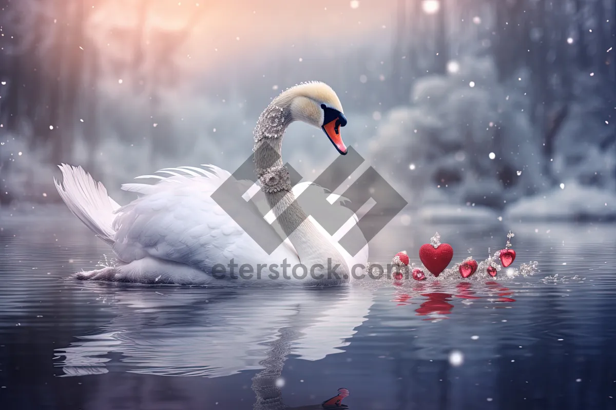 Picture of Black swan gracefully swimming in reflective lake