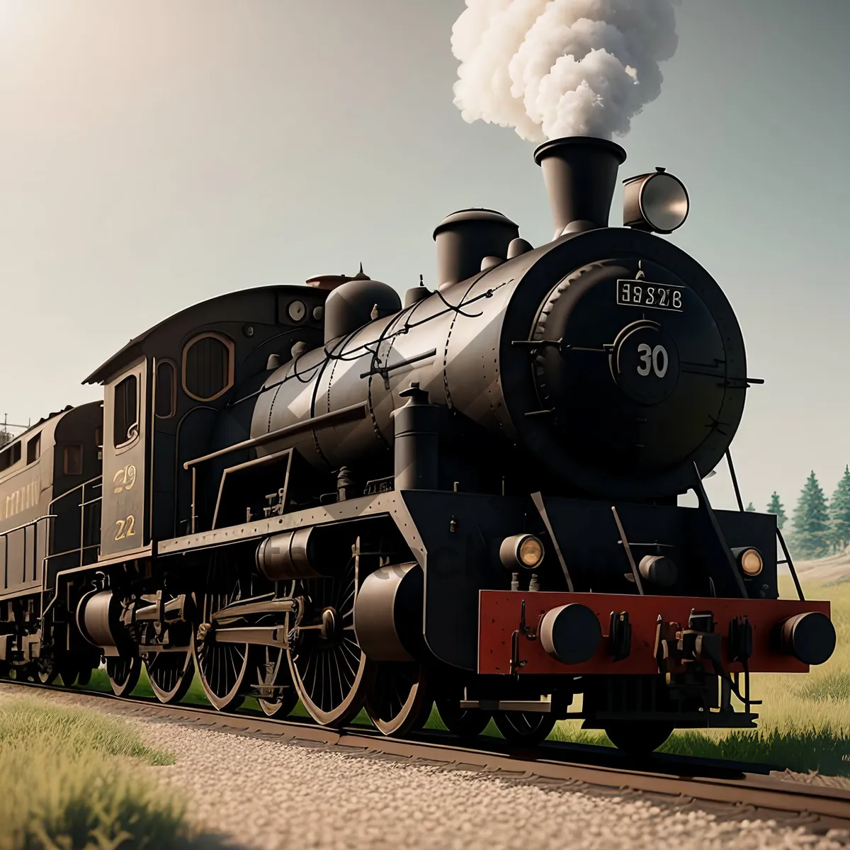 Picture of Vintage Steam Train Chugging on Railroad