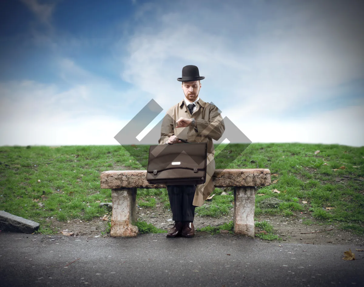 Picture of Man working on laptop at park bench outdoor.