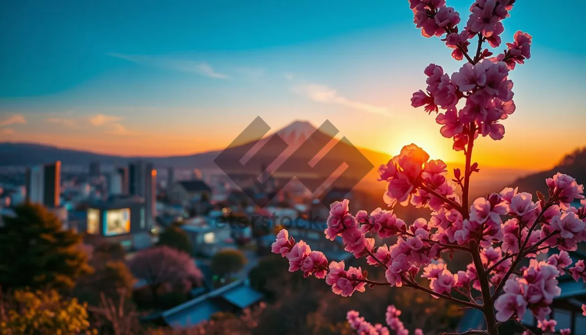 Picture of Sunset over Japanese countryside fields with pink sky