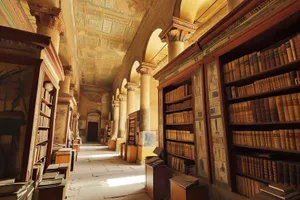 Urban church architecture with old library interior