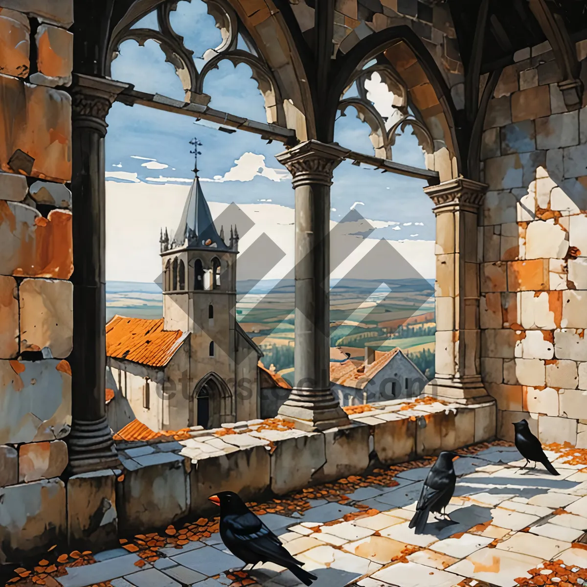Picture of Medieval cathedral overlooking historic town skyline.