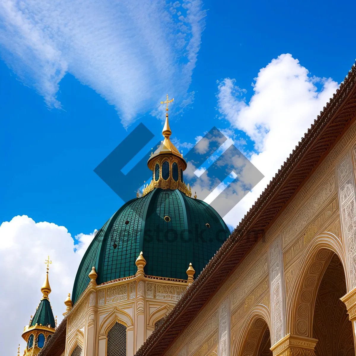 Picture of Golden Orthodox Cathedral Tower in Historic City Square