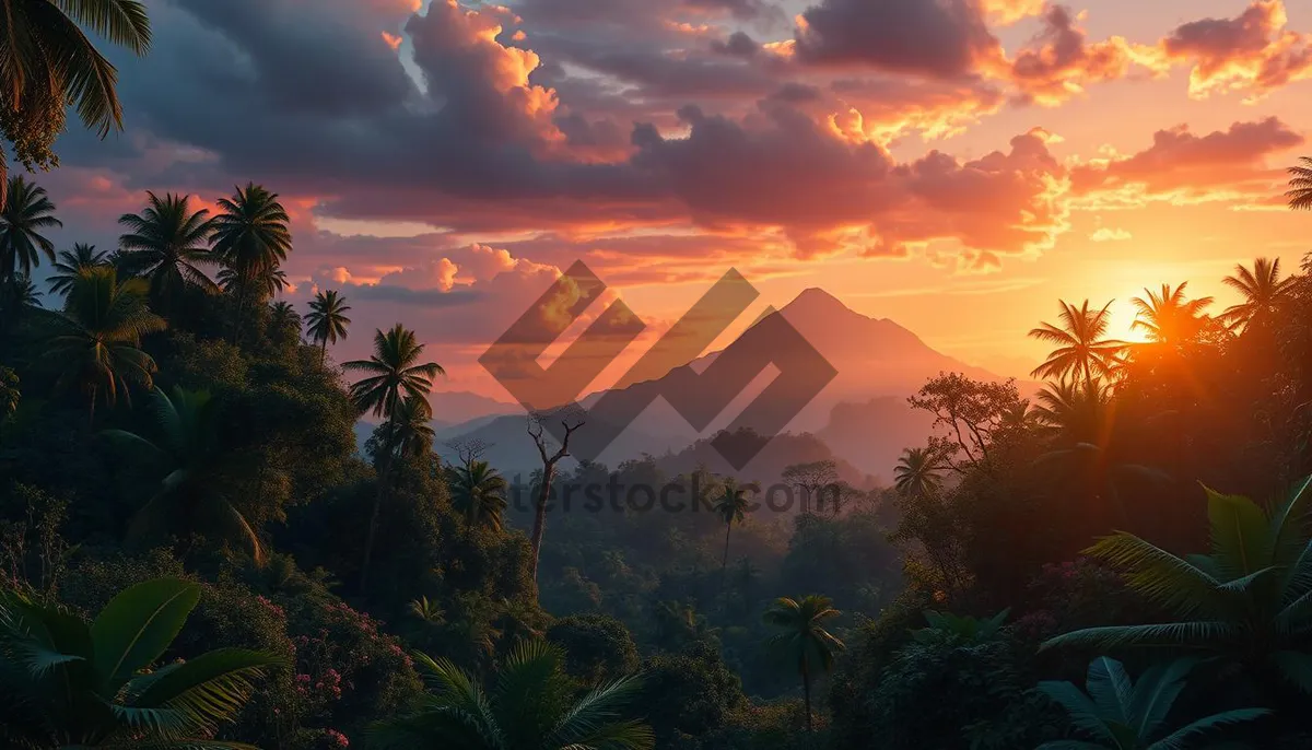 Picture of Orange Sunset Silhouette Against Mountain Horizon